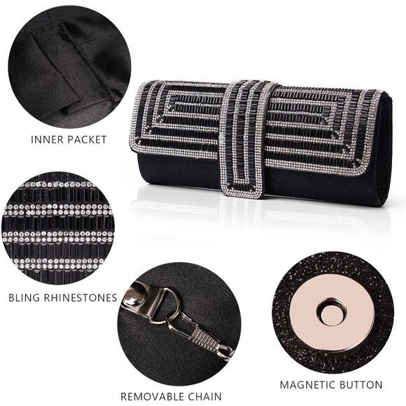 Womens Black Crystal Sparkly Evening Clutch Purse with Rhinestones Wedding - Picture 5 of 6